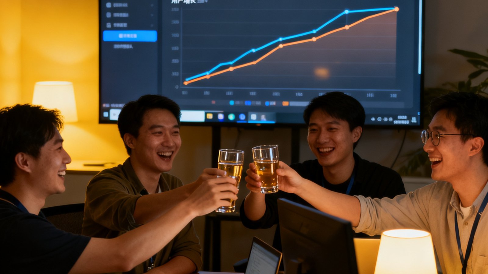 买球站技术团队在办公室庆祝平台新版本上线的场景，团队成员举杯庆祝，背景大屏幕上显示着新版本的功能界面和用户增长数据曲线图