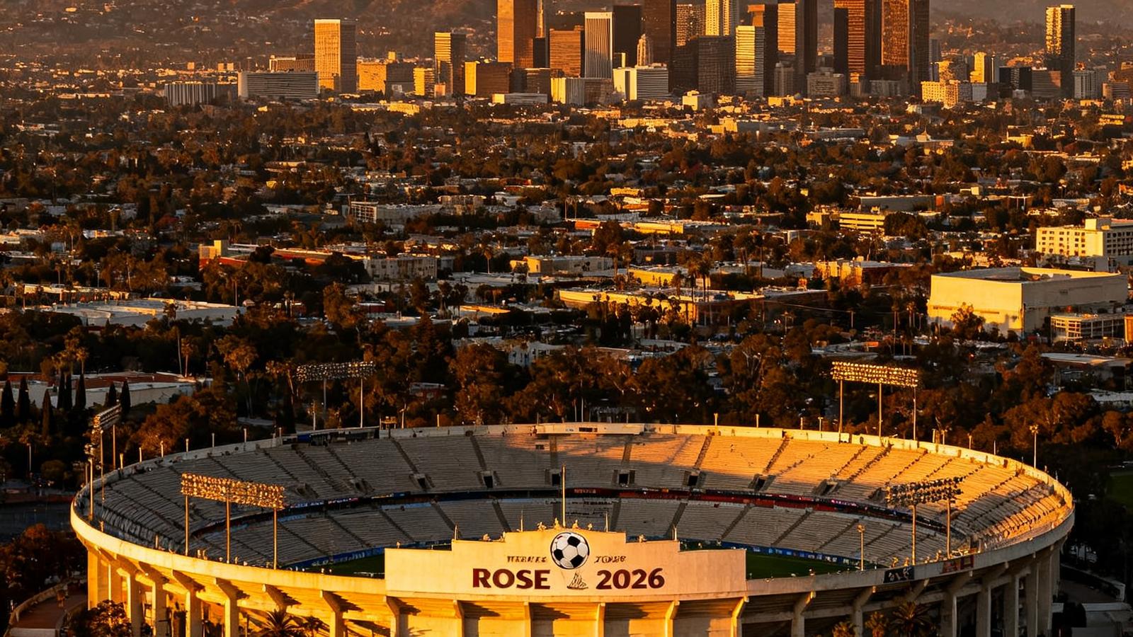 2026世界杯主办城市之一的洛杉矶城市天际线全景照片，前景是玫瑰碗体育场的外观，夕阳金色的光芒洒在体育场外墙上，远处可见好莱坞标志性的山脉轮廓