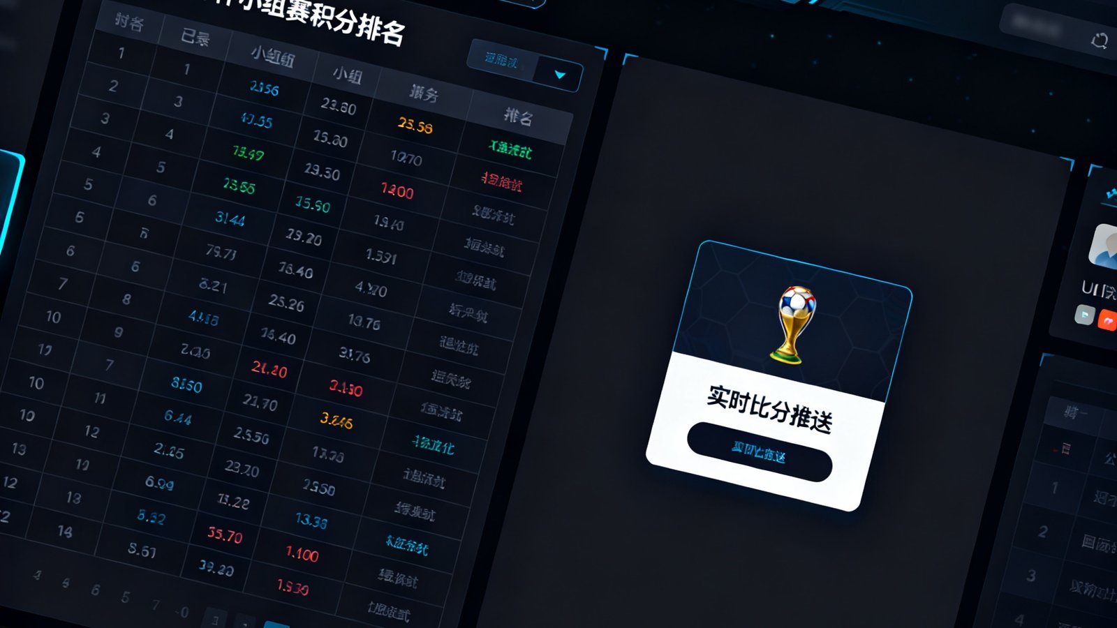 买球站平台界面截图展示，深色主题的仪表盘式设计，左侧显示着2026世界杯小组赛积分排名表格，右侧展示实时比分推送卡片，顶部有赛程时间线导航条，整体UI风格现代且数据密集但不杂乱