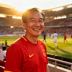 一位穿着红色中国队球衣的中年男性球迷，面带微笑站在足球场看台前，身后是正在进行的足球比赛，阳光洒在他的肩膀上